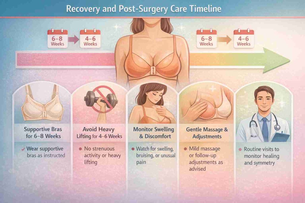 Post-surgery care and recovery timeline for breast surgery, including supportive bras, avoiding heavy lifting, monitoring swelling, and gentle massage.